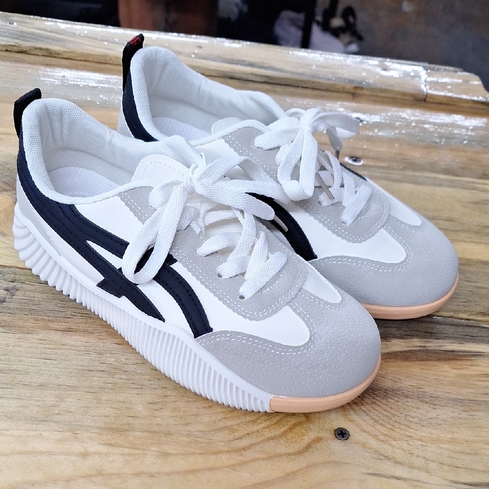 Gray and White Low-Top Sneakers with Suede Accents